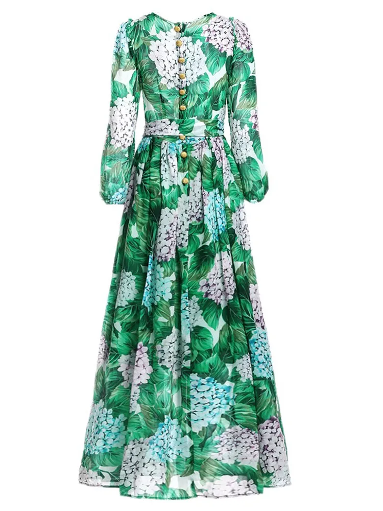 DSXDFACAIRIJ Women's Green Leaf Flower Print O-Neck Lantern Sleeve Lace up Maxi Dress Beach Style Chiffon Summer Fashion Female