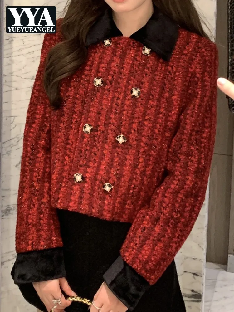 Retro Female Double Breasted Solid Color Jacket Versatile Ladies Turn Down Collar Sequins Coat Fashion Long Sleeves Outwear