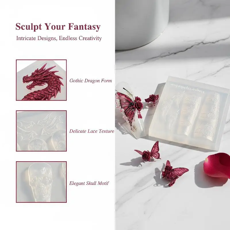 NEW 3D Silicone Nail Mold Rose Bow Feather Skull Ribs Nail Template Diy Nail Art Decor For Nail Charms