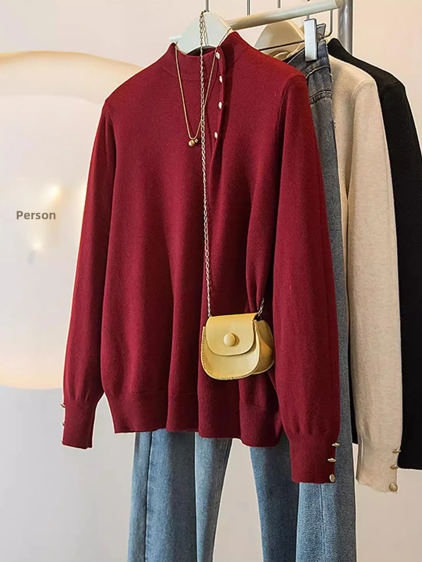 

Ele Wine Red Long Sve Knitted Sweater Women's plus Size Base Layer irt Inner Wear Casual Loose Fit Autumn Winter