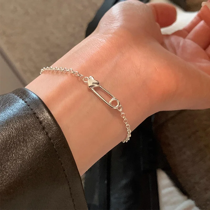 Foxanry Silver Color Love Heart Pin Bracelets For Women Girls Simple Creative Trendy Temperament Sweet Birthday Jewelry Gifts