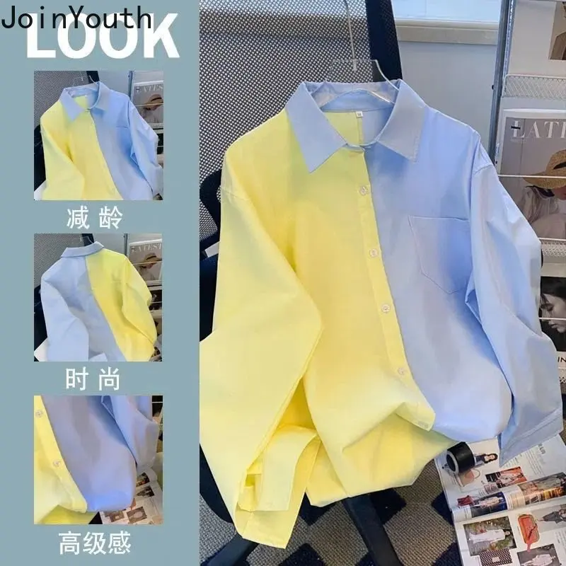 2023 Blusas De Mujer Contrast Color Korean Blouses Long Sleeve Fashion Loose Shirts Preppy Style Casual Vintage Blouse Tops