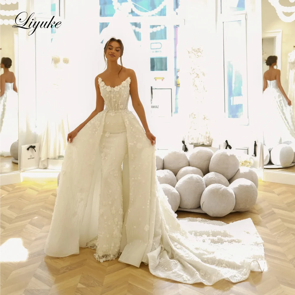 

Liyuke Custom Made Vintage 2 In 1 Mermaid Bride Dress Boat Neck Luxury Beading Flowers Appliques Lace Trumpet Wedding Gowns