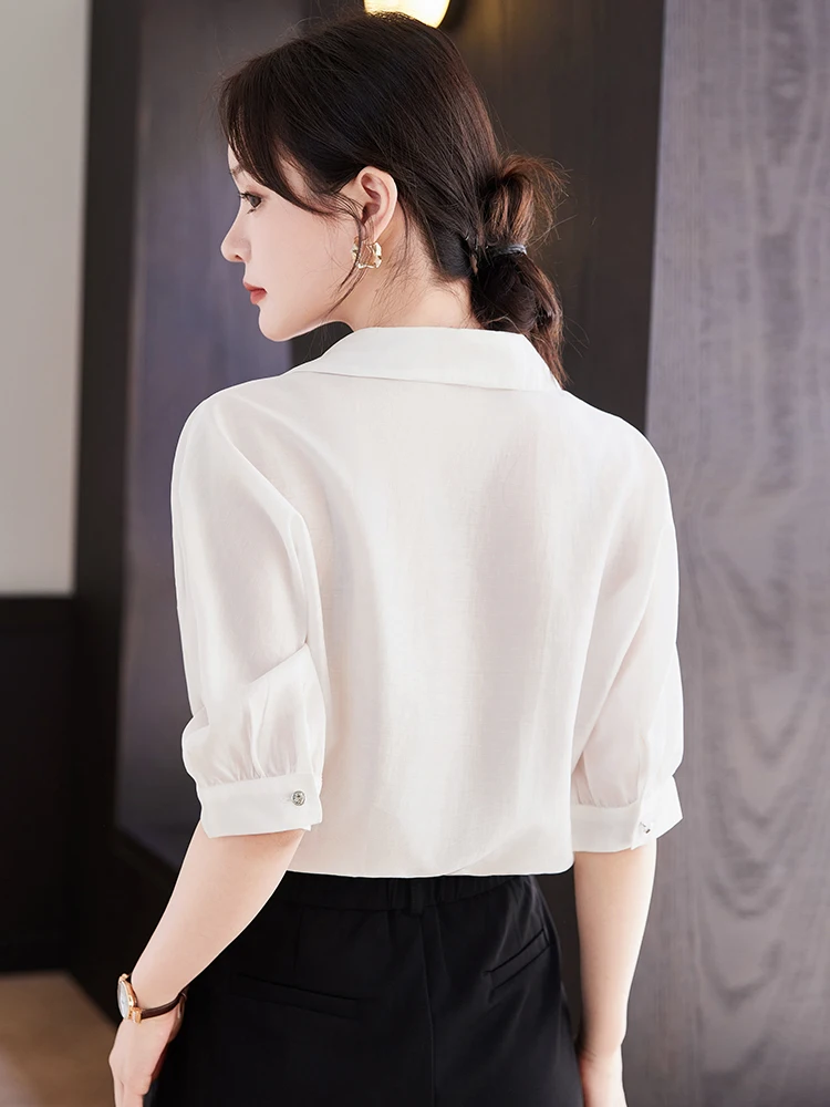 AIyssa Womens stylish and elegant office mid-sleeve shirt, simple and generous temperament, new style for spring and summer 2024