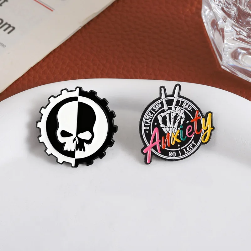 Anxiety Skeleton Gear Enamel Pin Set I Came I Saw I Had Anxiety So I Left Brooch Lapel Badge Gift clothing accessories