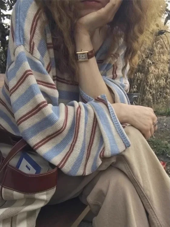 Korean Style Lightweight Stripe Knitted Long Sleeve Cover up Women Spring Autumn Loose Lazy Slimming Cold Tone Overhead Top