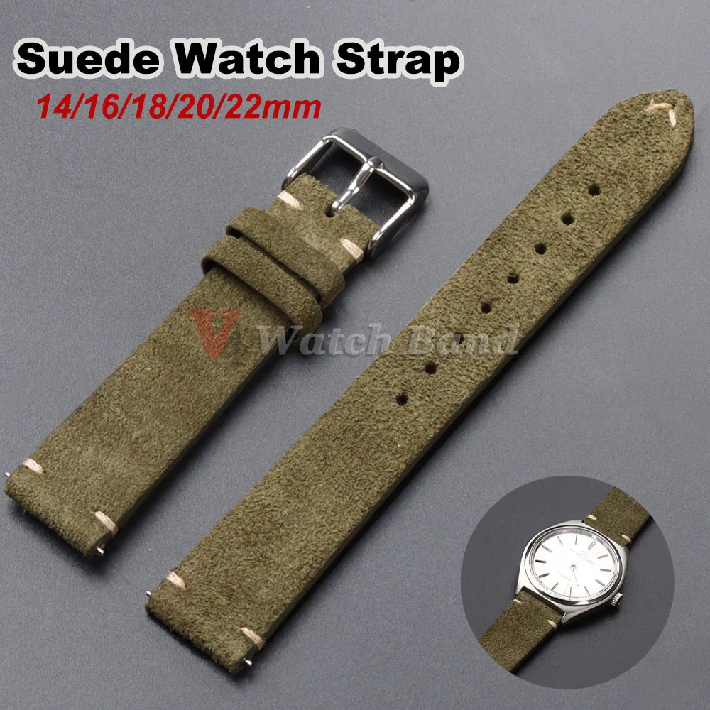 New Suede Leather Watch Strap 20mm 22mm Genuine Leather Hand-stitched Bracelet 14mm 16mm 18mm Quick Release Calfskin Wristband