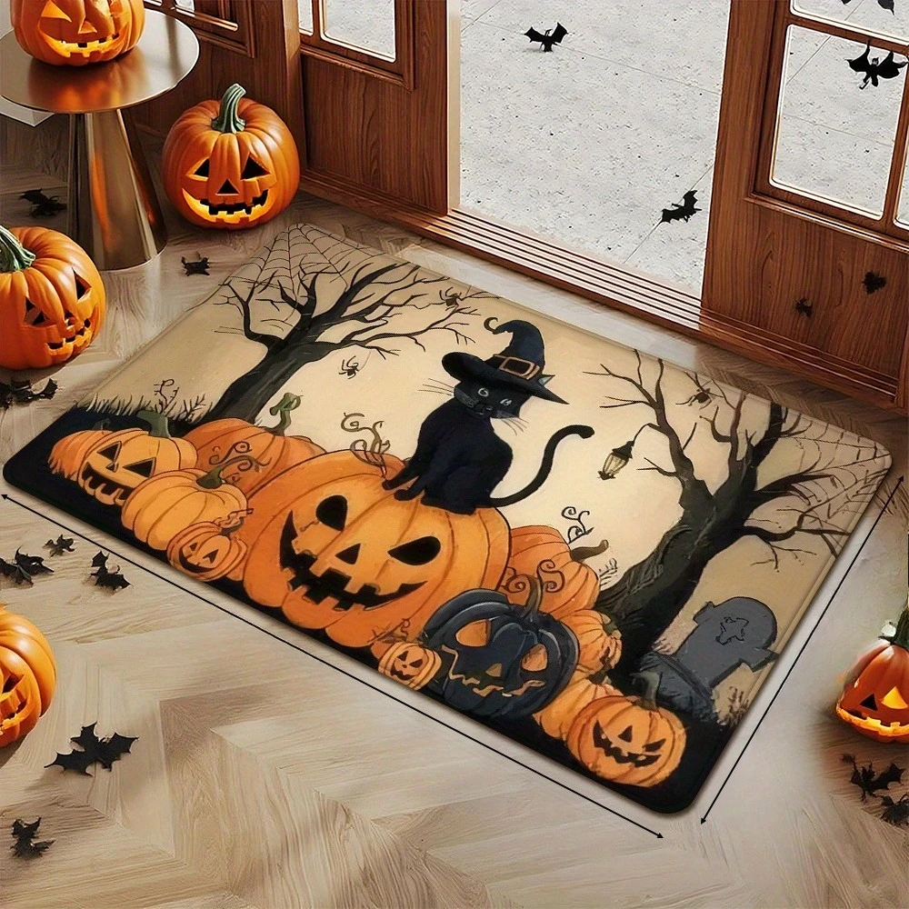 Cartoon Wizard Black Cat Pumpkin Non Slip Door Mat Floor Mat For Entryway Bathroom Kitchen Living Room