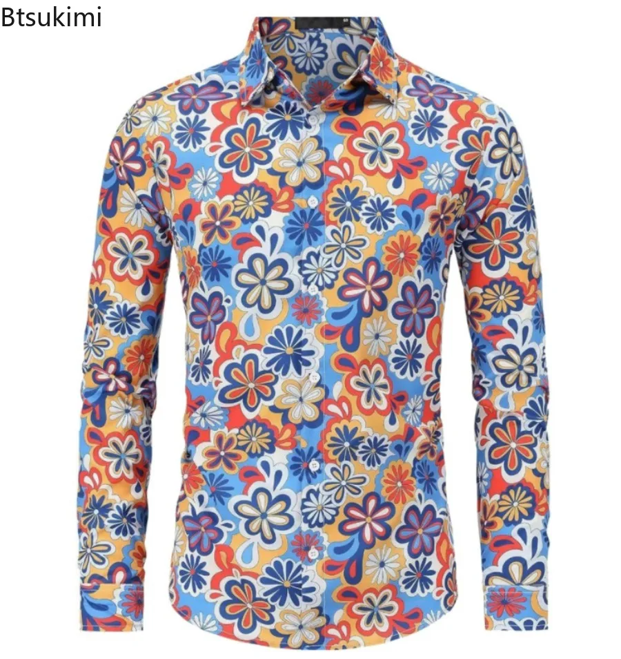 เสื้อเชิ้ตแขนยาวพิมพ์ลายผู้ชายใหม่ สไตล์ลำลองลายชนเผ่า สำหรับฤดูใบไม้ผลิและฤดูใบไม้ร่วง เสื้อแฟชั่นผู้ชายลายพิมพ์วินเทจ สำหรับงานปาร์ตี้ดิสโก้