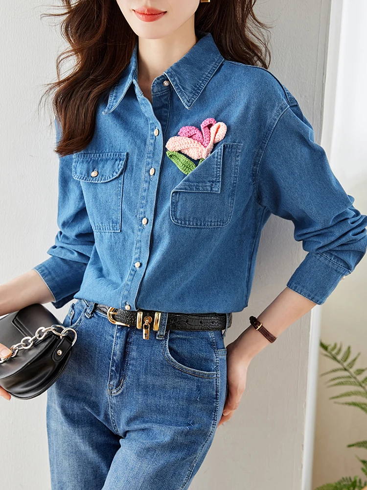 Turn-down Collar Single-breasted Loose Denim Shirts For Women 2024 Autumn Vintage Casual Shirts Fashion Hooked Flower Tops