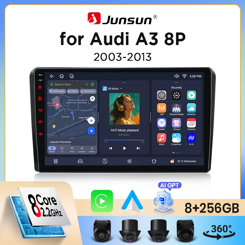 Junsun-V1 AI Voice Wireless CarPlay Android Auto Radio pour Audi A3 8P, 2003-2013, 4G, Limitation de la voiture, GPS, Autoradio 2Din