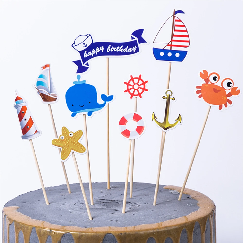 Sailboats Marine Animals Theme 1Set Cake Topper Cake Decoration Kids Birthday Party Supplies Baby Shower Gift Cupcake Picks