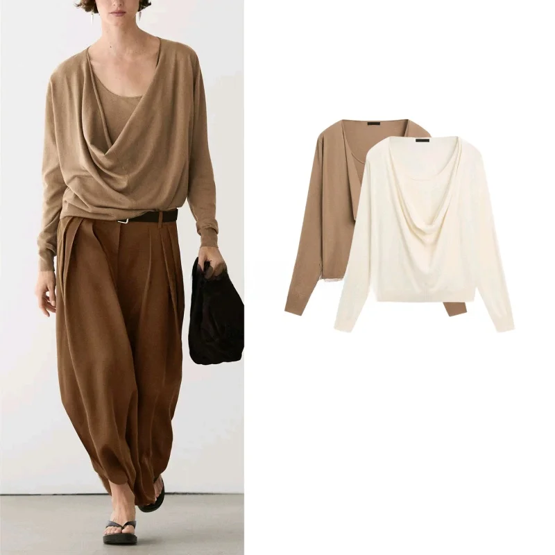 

Spring Summer New Style Women's Casual Long Sleeve Knitted Top Elegant Windbreak Collar Pleated Decoration Loose Fit Polyeste...