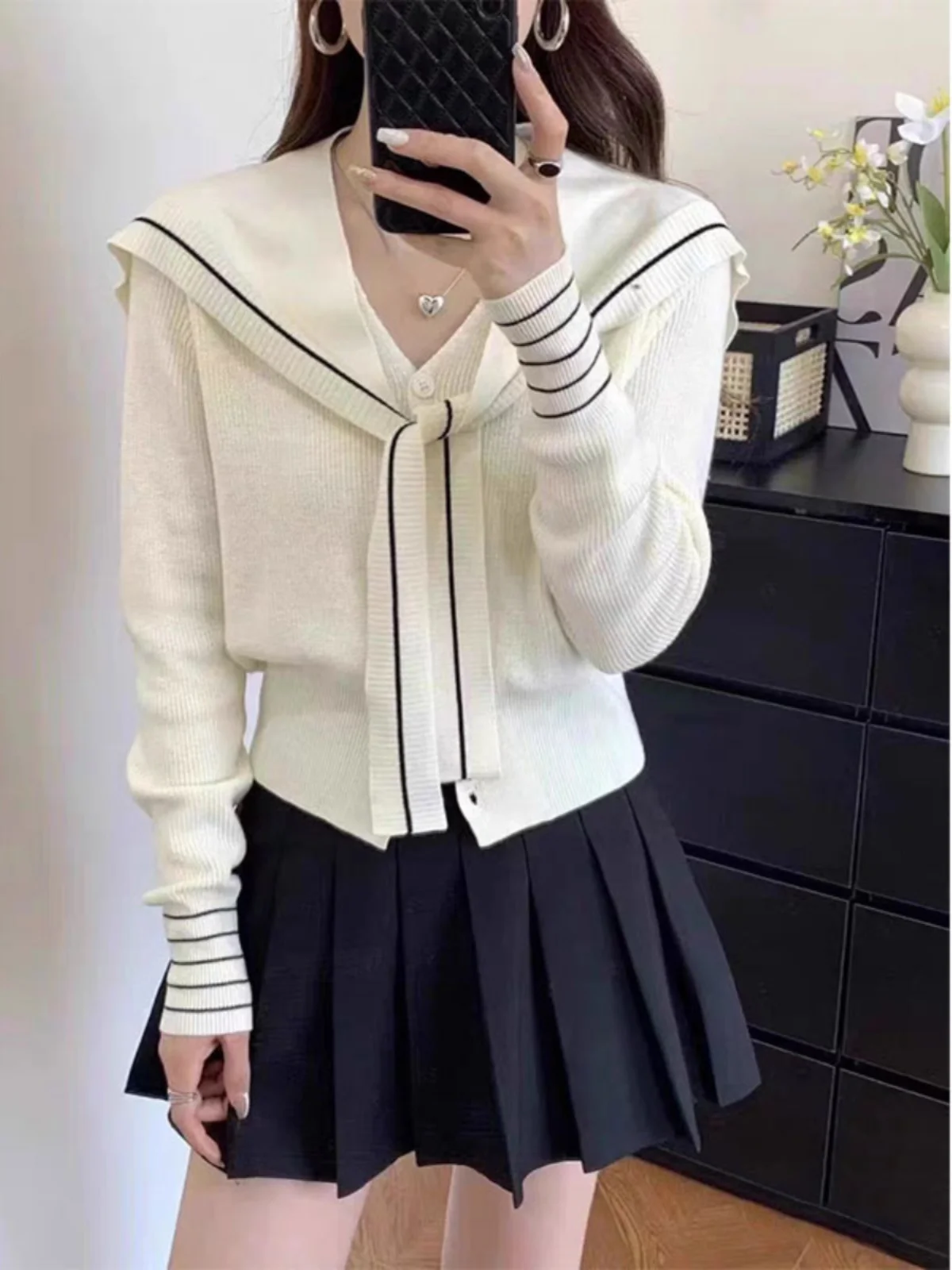 

Short Knitted Sweater Skirt Set Navy Collar Pleated Fragile Style Two-Piece Ensemble for Young Women Fashionable Slim Fit