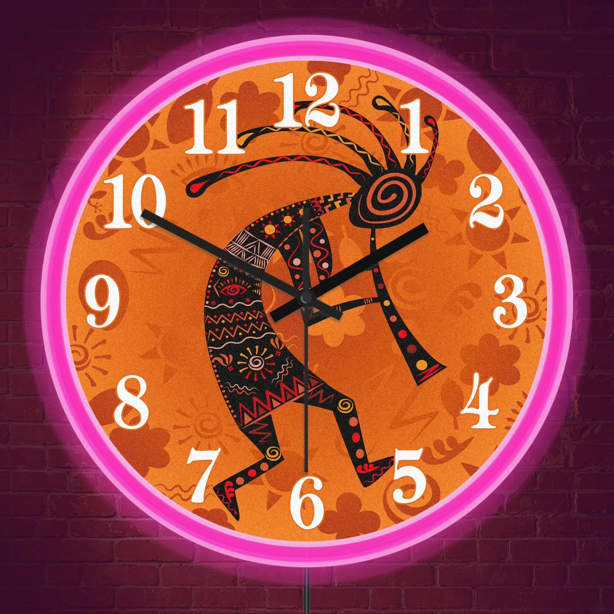 Southwestern Tribal Kokopelli Silent Neon Wall Clock Ethnic Native Home Decor Tribal Flute Dancer LED Night Light Wall Clock
