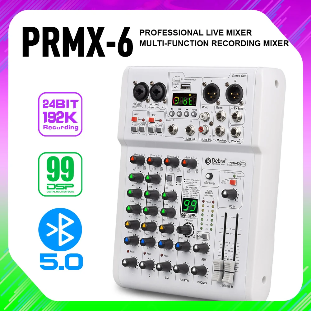 

FROKET PRMX-6 24 bit Audio Mixer Recording Mixing DJ Controller, 3-Band Equalisation Adjustment, Suitable For Live Broadcast