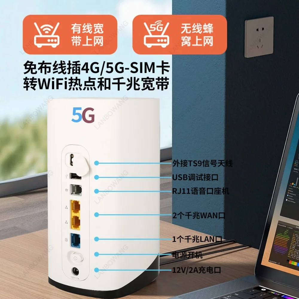 5G Global CPE Wireless Router, SIM Card Slot, Dual Band WiFi6, Gigabit Broadband, RJ11 & TS9 Antenna Interface