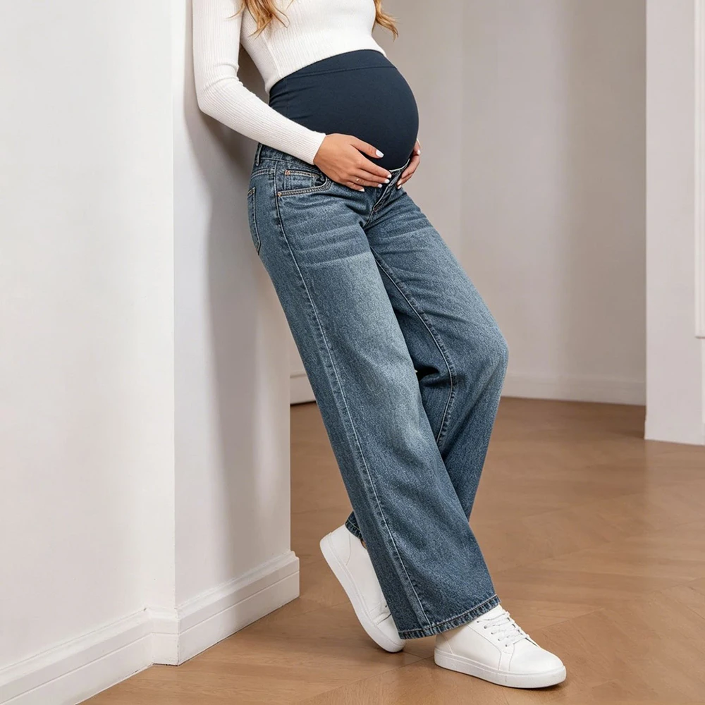 Women Maternity Wide Leg Jeans High Waist Belly Support Stretch Denim Pants Adjustable Comfort Casual Pregnancy Trousers