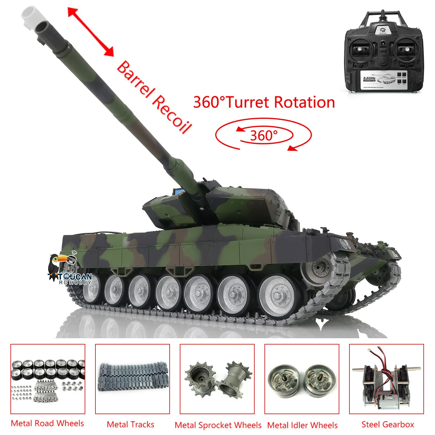 Toucan 1/16 Heng Long TK7.0 Leopard2A6 RC Tank 3889 Metal Tracks Wheels Barrel Recoil BB Airsoft Smoke Remote Control Car Panzer view 6