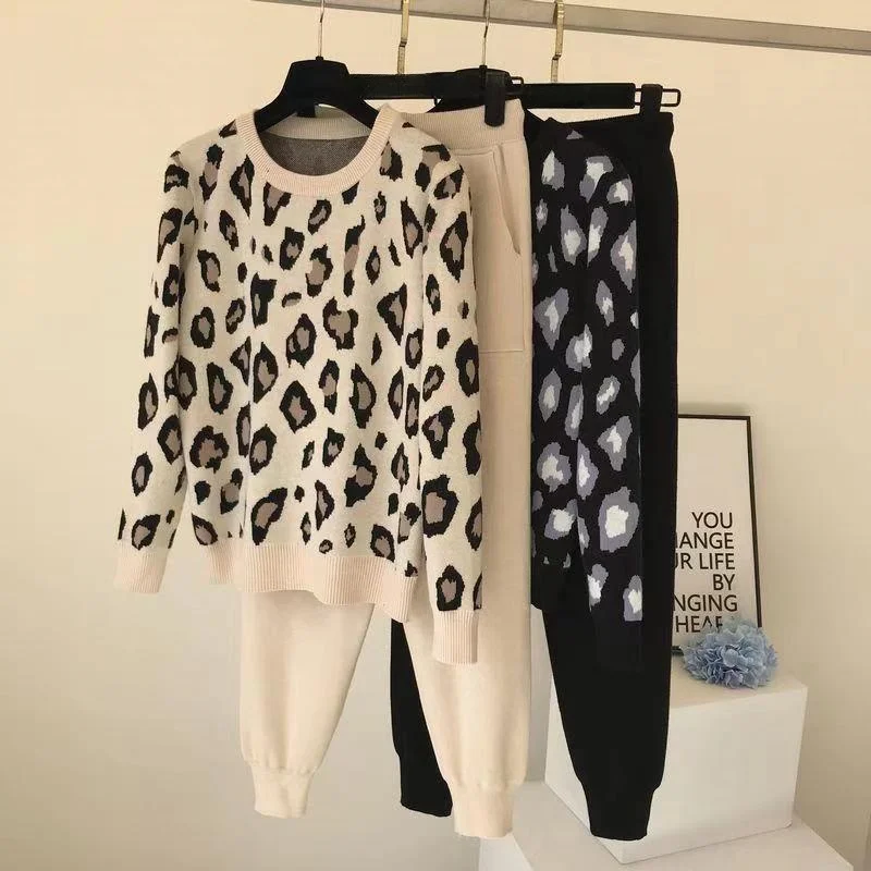 Winter New Casual Elegant Women\'s Sets Knit Outfit Leopard Long Sleeve Top Loose Sweater Elastic Waist Pencil Pants Set Sporty