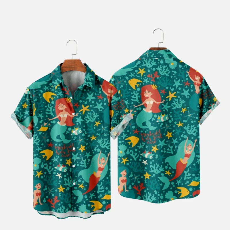 

Men's Hawaiian T-Shirt For Women Mermaid Pattern 3D Printed Y2K Hombre Fashion Shirt Casual Beach Oversized Clothes 1