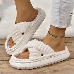 2024 Autumn Winter Corduroy Home Slippers Women Cross Band Thick Soft Sole Slides Platform Shoes Woman Non Slip Indoor Slippers