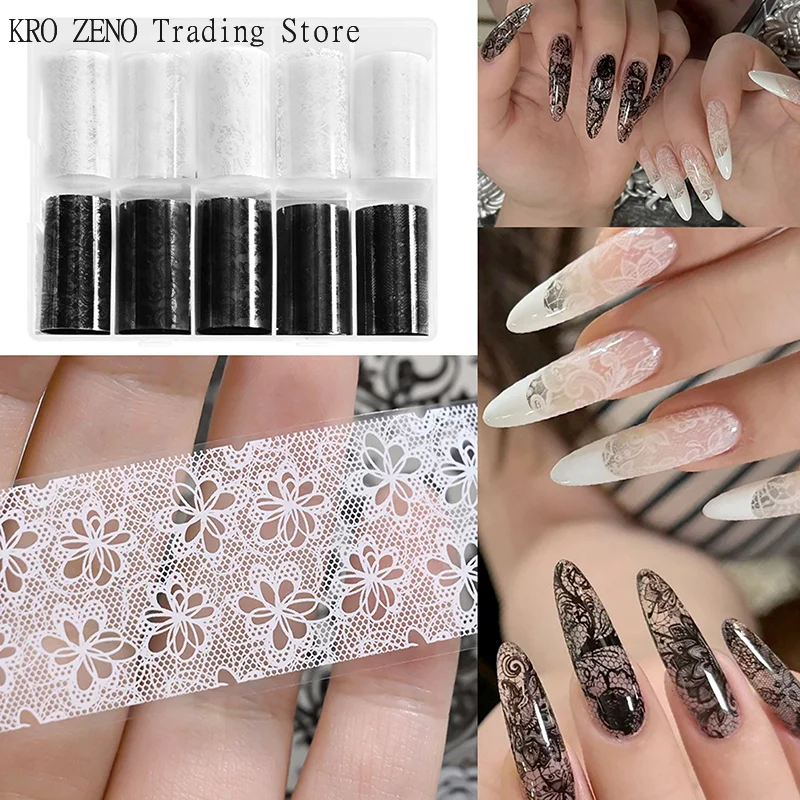 1/10 Roll Elegant Black White Lace Flower Nail Transfer Foils Fantasy Retro Floral Starry Sky Paper Sticker Manicure Accessories