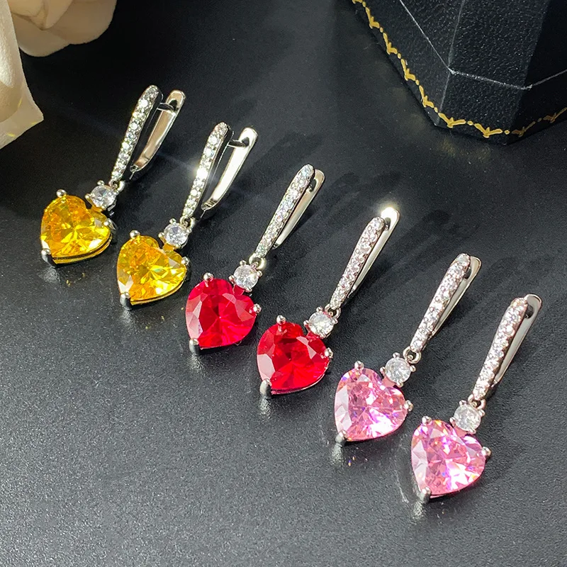 Silver Plated Long Heart Drop Earrings Inlaid Synthetic Ruby Yellow Pink Zircon Full Pave Small Stone Elegant Women Jewelry
