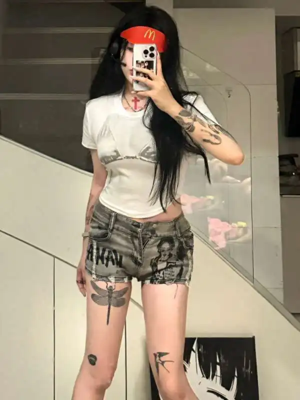Frauen Neue Stil High Street Elastische Dünne Druck Retro Hot Girl Niedrige Taille Denim Shorts