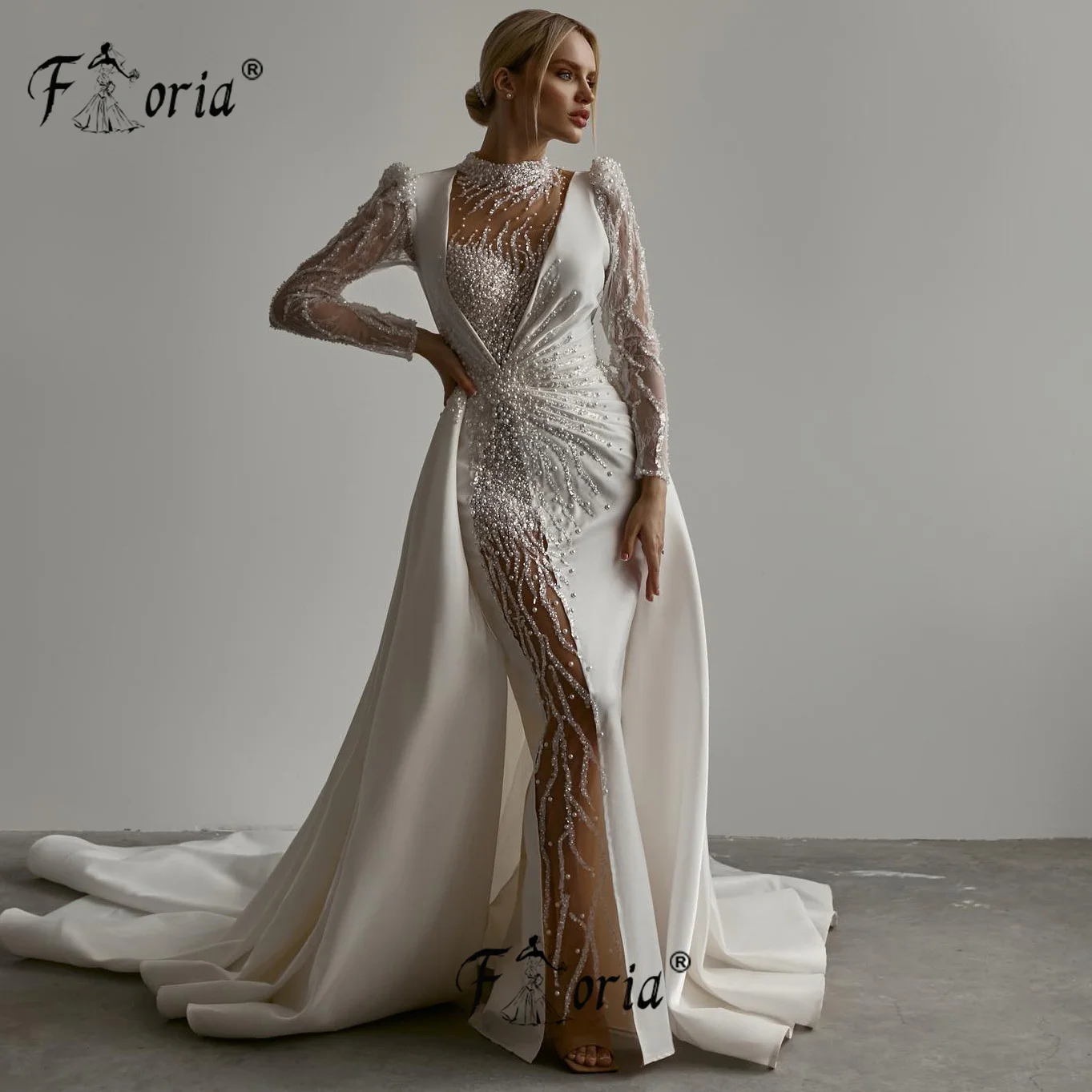 Luxo marfim pérolas frisado sereia vestido de evento de casamento com overskirt personalizado elegante dubai feminino formal vestidos de noite gala