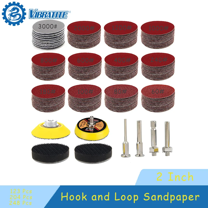 123/204/248 Stück 2-Zoll-Schleifpapier mit Klettverschluss, verschiedene Körnungen 60–3000, mit Schleifpad zum Schleifen und Polieren von Metall, Holz, Auto