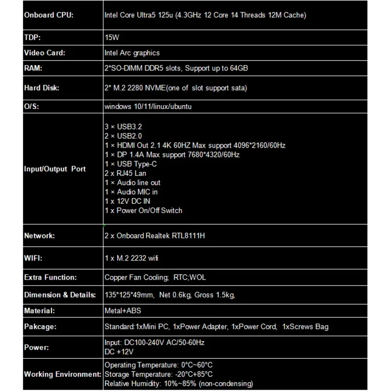 Micro PC pequeña Ultra5 125u Nuc Nano de 14. a generación, Mini PC para juegos de 4,3 GHz X86 2 Ethernet Lan Win 10 11 Linux Ubuntu DDR5 Mini PC