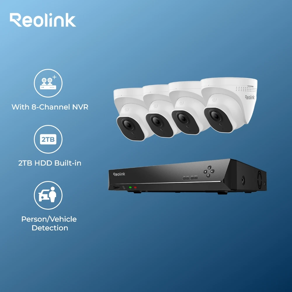 

Reolink 5MP Camera System Human Car Detection 8ch PoE NVR&4 PoE IP Cameras dome Outdoor Video Surveillance Kit RLK8-520D4-A