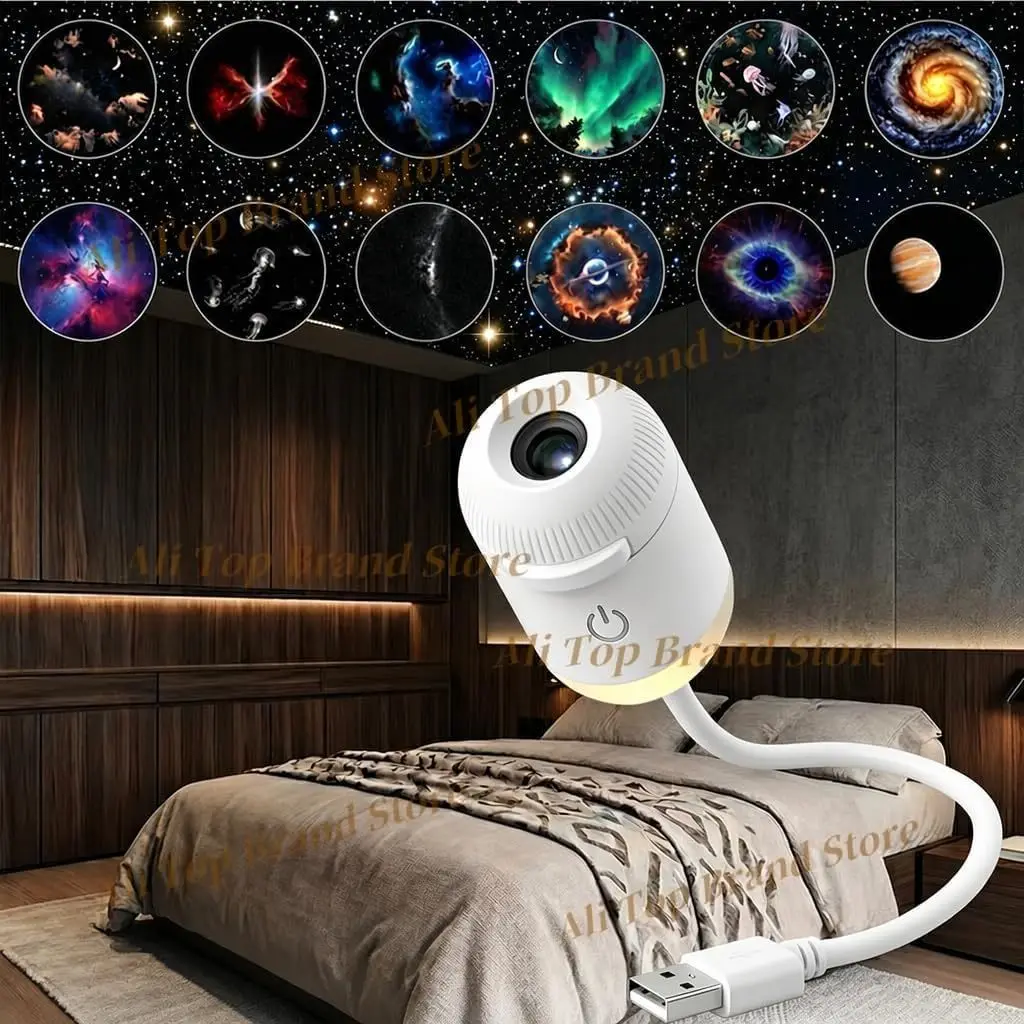 2-in-1 Galaxy Projector Night Light,USB Portable Starry Sky Night Light Projector for Bedroom,360° Rotating Mini LED Wall Lamp