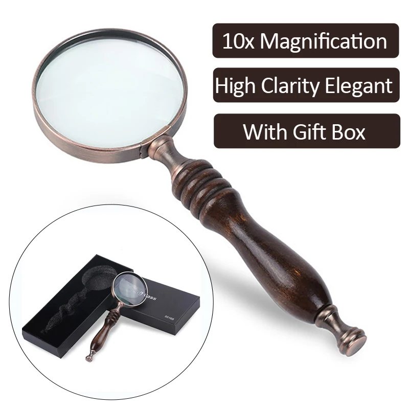 Handheld Magnifier Antique Handle Magnifier 10X Reading Magnifying Glass Loupe Magnifier For Science Seniors Reading Inspection