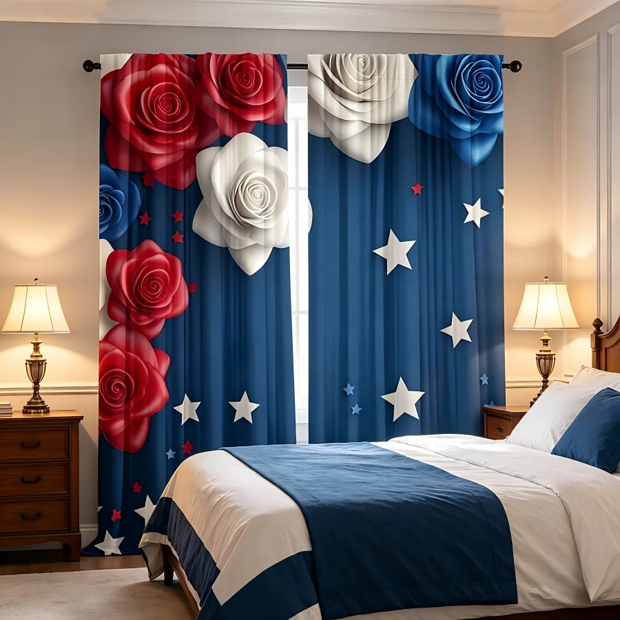 2PCS Digital Print  Curtain, Red Blue White Rose, Bohemian Style  Curtain Panel for Home Living Room Bedroom Decor