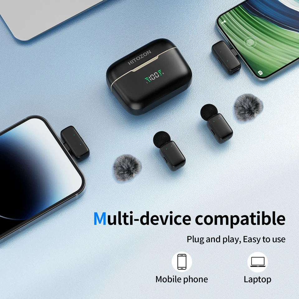 Micrófono de solapa inalámbrico portátil con estuche de carga, plug & play, para grabación de video, vlogs, entrevistas y streaming 3