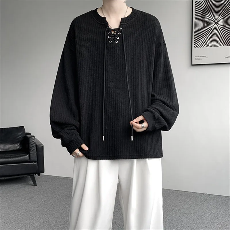 Spring Autumn Men's Knit T-Shirts Loose Long Sleeve V Neck Casual Tshirt Male Drawstring Streetwear Tops Cotton Breathable Tees