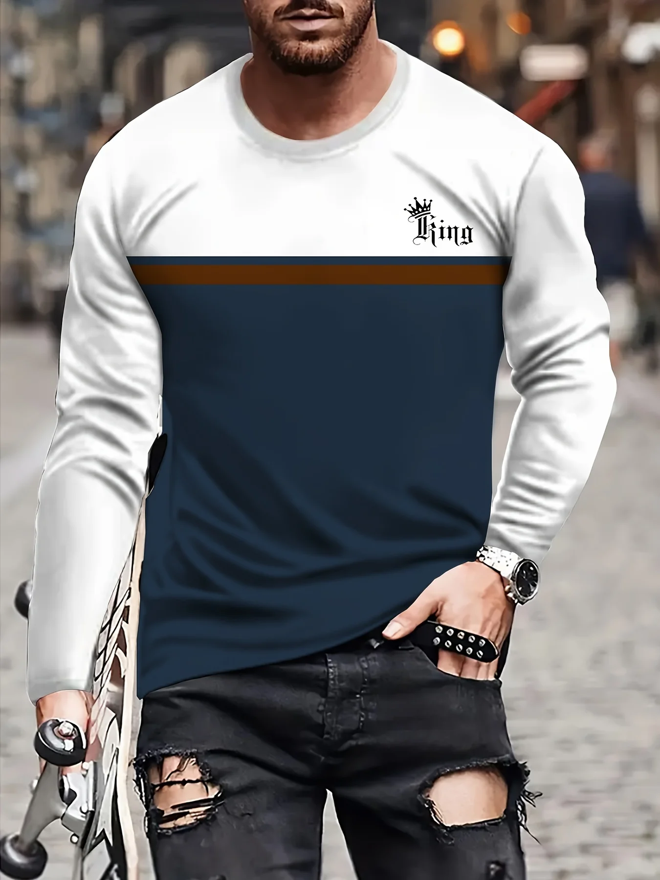 

Vintage Patchwork Pattern Men's Long Sleeve T-Shirt Simple Design Business Social Casual Round Neck Tees Autumn Loose Daily Tops