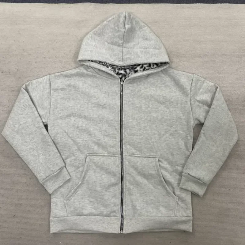 العصرية الشتاء الوجهين يمكن ارتداؤها الرجعية ليوبارد طباعة سترة قلنسوة بسحاب فضفاض الترفيه ملابس خارجية الرجال الملابس النسائية #2