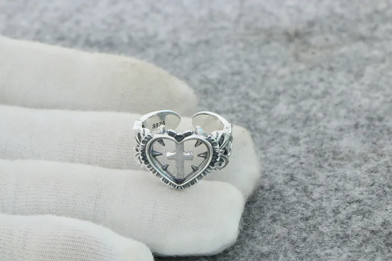 S925 Sterling Silver Jewelry Japanese and Korean Simple Retro Hollow Heart Cross Open Ring Female Aesthetic Fresh Ring