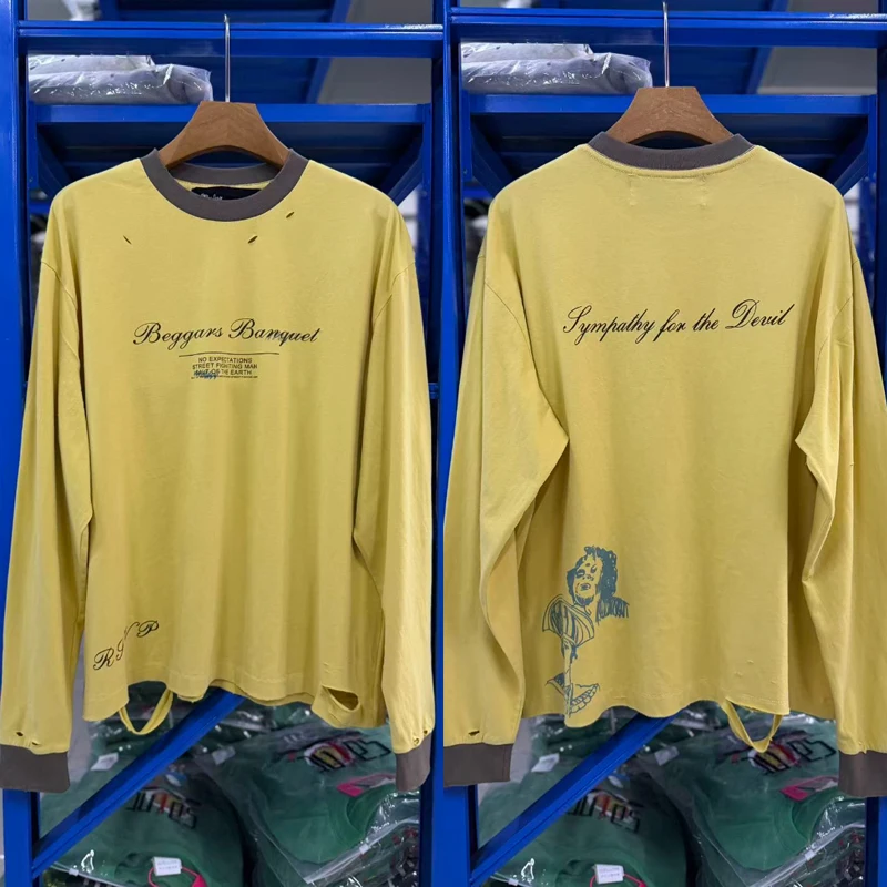 Vintage Trend Paly Long Sleeves Tee High-quality Hip-hop Ripped Hole T-shirt Men Women Loose Round Neck Printed Tops
