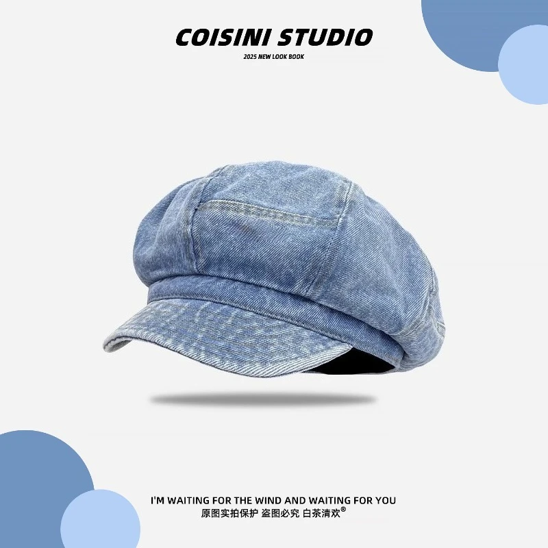 

Retro Oversized Denim Cloud Berets Cap for Women Spring and Summer Casual Versatile Niche Literary Octagonal Hats for Men