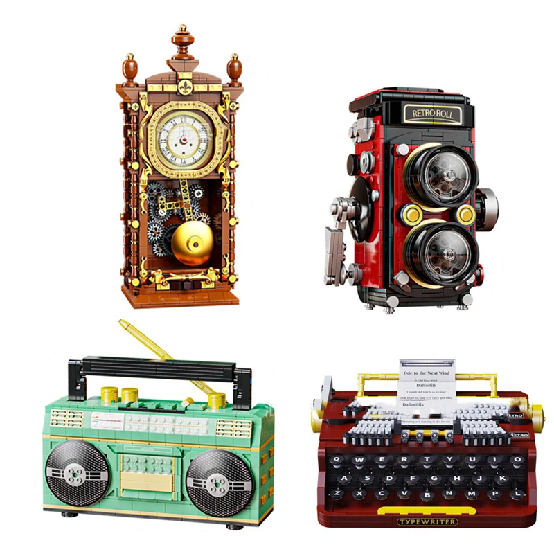 

Idea Vintage Products Mini Block Retro Pendulum Clock Camera Building Brick Recorder Typewriter Toys Collection For Gifts