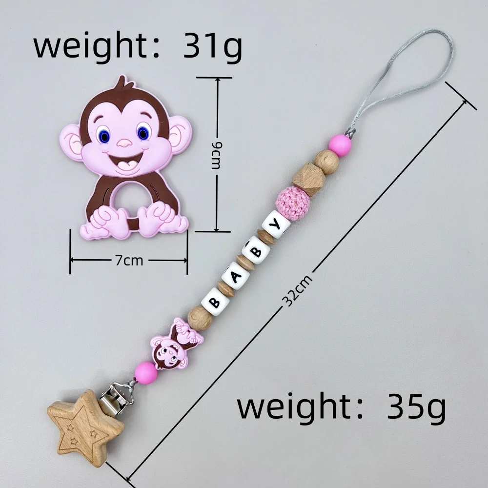 Personalized English Wooden Letters Name Baby Silicone MonkeyPendant Pacifier Clips Chains Holder Teether Baby Kawaii Toy Gifts