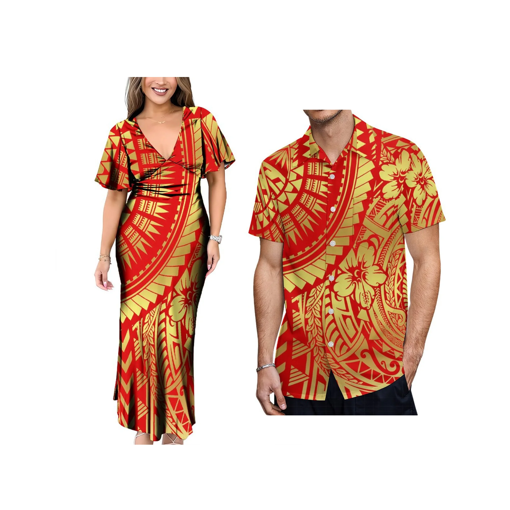 Grande taille dos cou cravate Sexy longue robe personnalisée polynésienne Tribal dames robe de soirée Match Aloha hommes chemise décontractée Couple vêtements