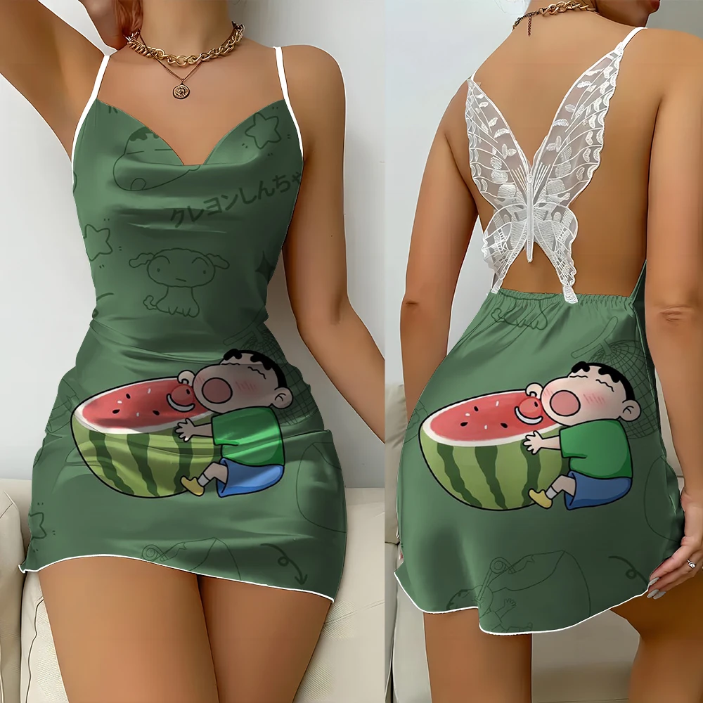 Krayon motif kartun Anime Crayon shin-chan rok suspender punggung terbuka renda kupu-kupu seksi santai dan nyaman