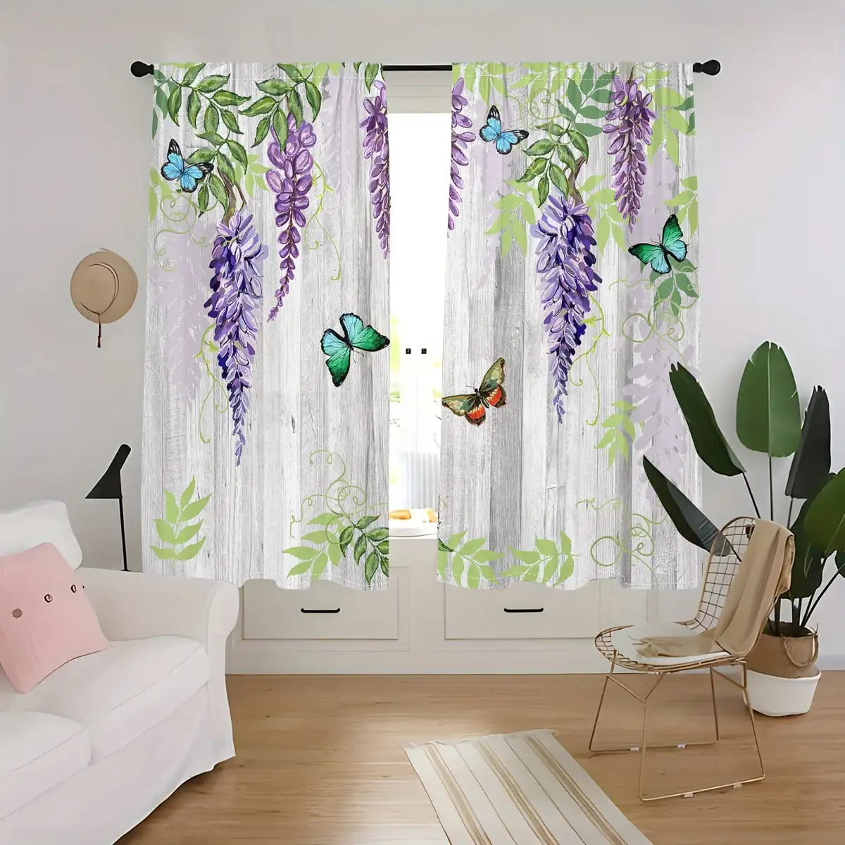 2pcs Curtains Peach Skin Polyester Wood Grain Floral Butterfly Light Filtering Living Room Bedroom Drapes