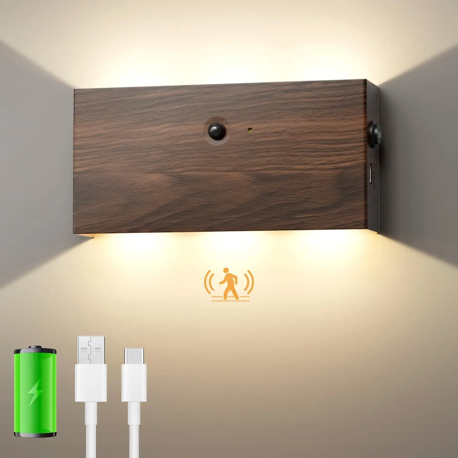 Battery Wall Light With Motion Sensor LED Wall Light Wireless for Hallway Living Room Bedroom Garage 6W 4000mAh Walnut Color Dec