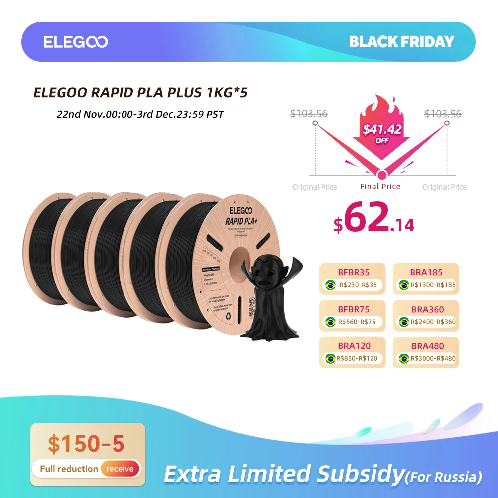 ELEGOO Rapid PLA Plus 1.75mm Bundle 5KG,PLA+ 3D Printer Filament Dimensional Accuracy +/- 0.02mm Fits for Most FDM 3D Printer